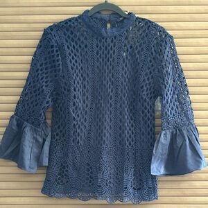 Dolce Cabo Deep Blue Lace Blouse with Flared Sleeves